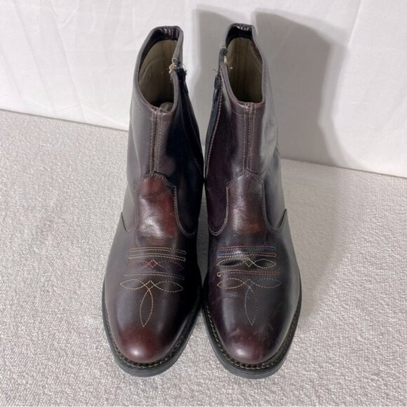 Vintage Burgundy Leather Western Style Round Toe Ankle Boots 7.5 - Picture 1 of 15